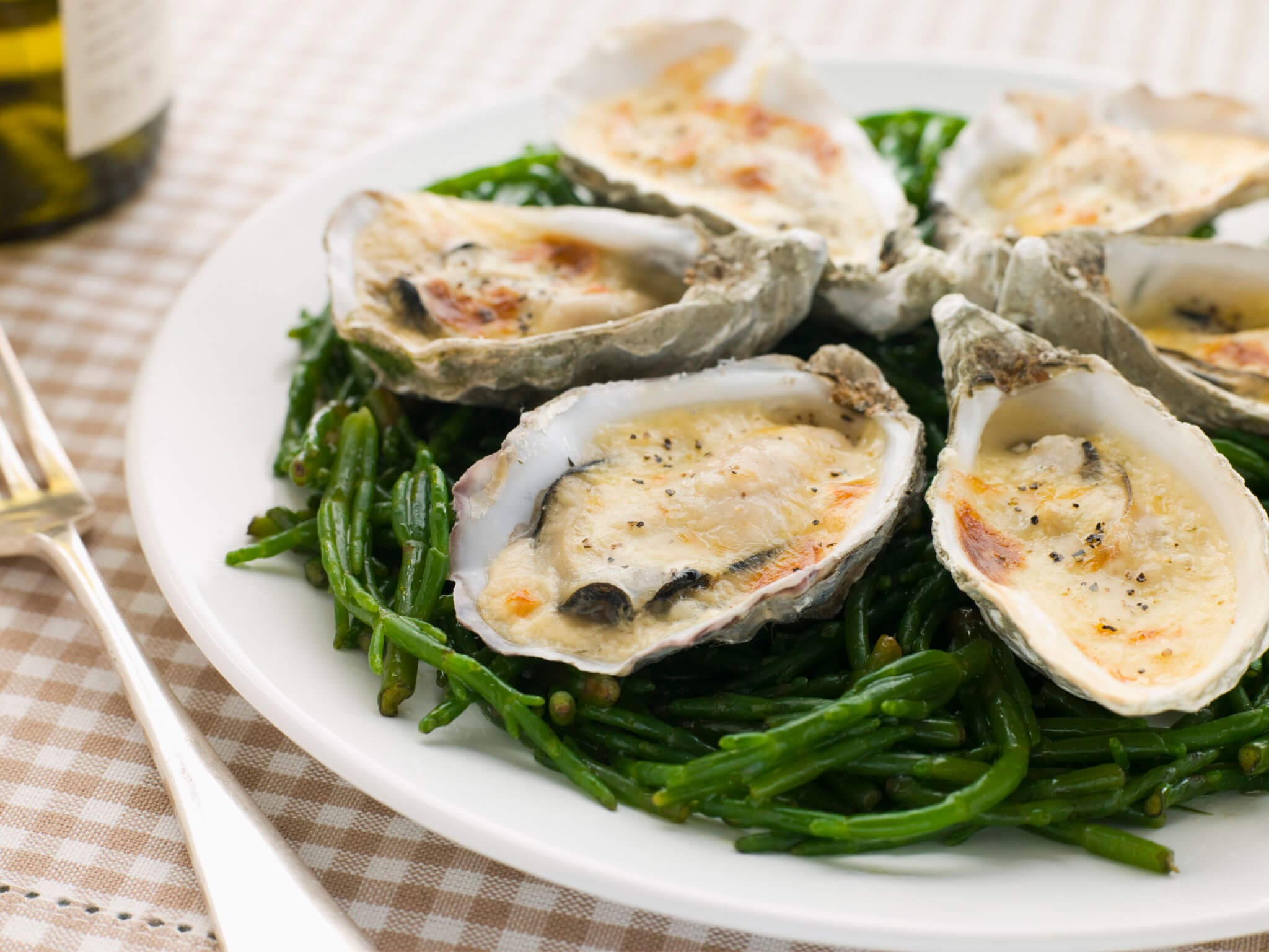 Grilled Oysters with Mornay Sauce on Samphire The Butcher Shop, Inc.